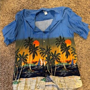 Cherokee Blue Orange Tropical Palm Beach Button-Down Shirt